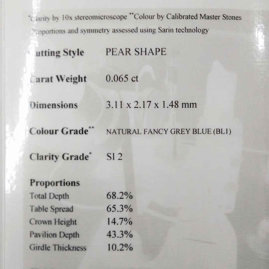 .06ct Authentic Australian Blue Pear Cut Diamond - BL1