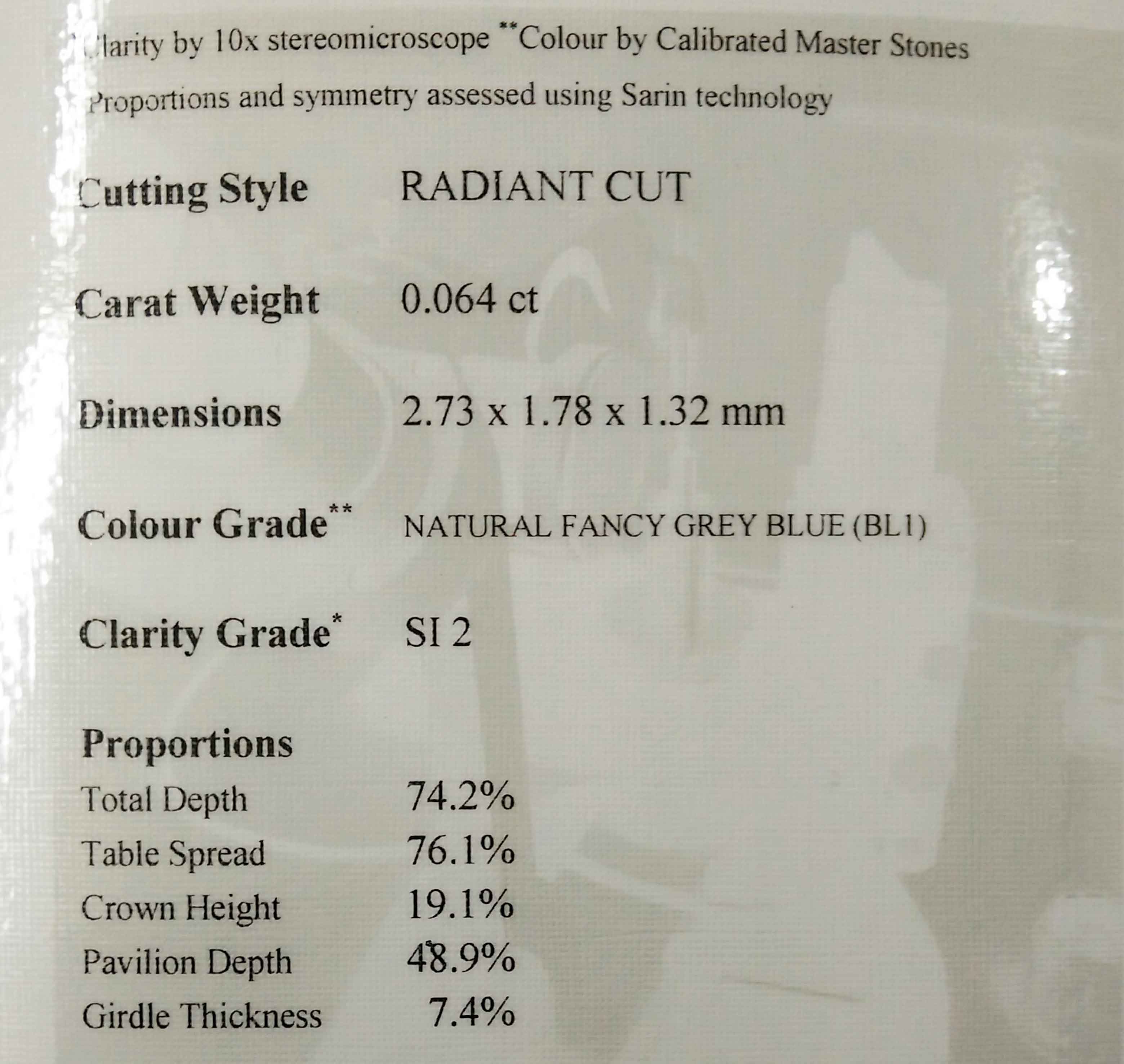 .06ct Authentic Australian Blue Radiant Cut Diamond - BL1