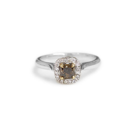 18ct Two tone cognac diamond halo ring - KL Diamonds